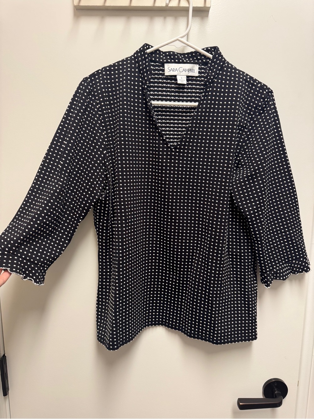 Sara Campbell Black and White Dot V‑Neck Blouse